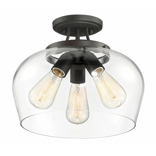 Industrial 3 Bulb Matte Black Clear Glass Semi Flush Ceiling Light Fixture