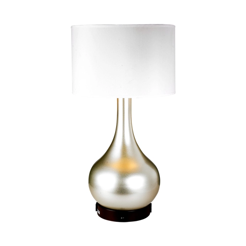 Modern white drum shaded silver table lamp with outlet and USB port