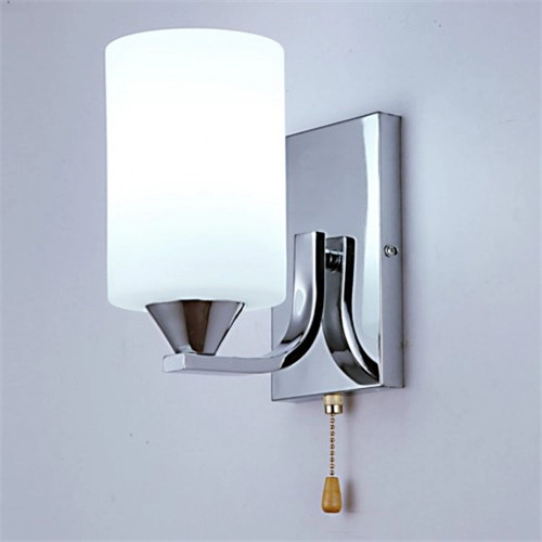 Modern Frosted Glass Chrome Wall Sconce with Pull Chain Switch
