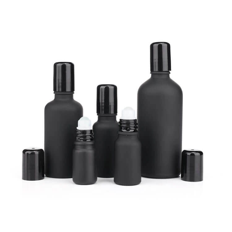 Matte black glass roll on bottle with stainless steel