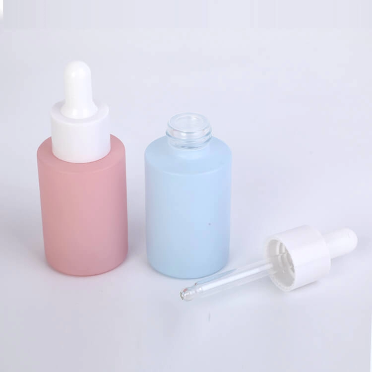 30ml flat shoulder cylinder glass bottle with white dropper and pump