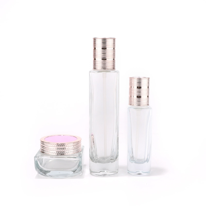 Clear square cosmetic glass bottle set with aluminum lid