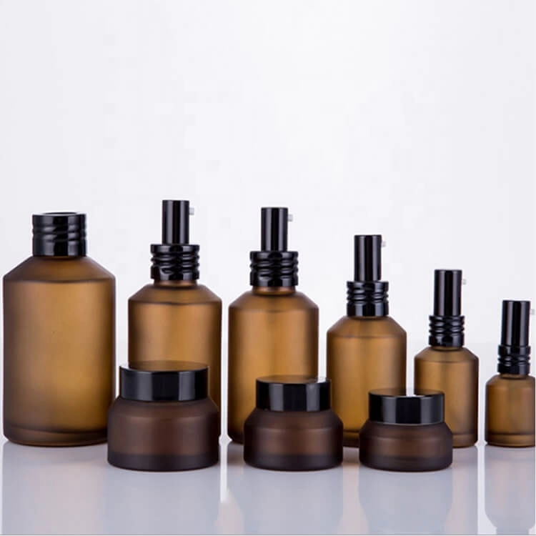 Frosted amber glass spray bottles and jar for cosmetic