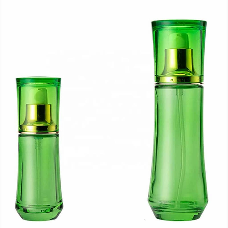 Glossy green skincare product in glass bottle
