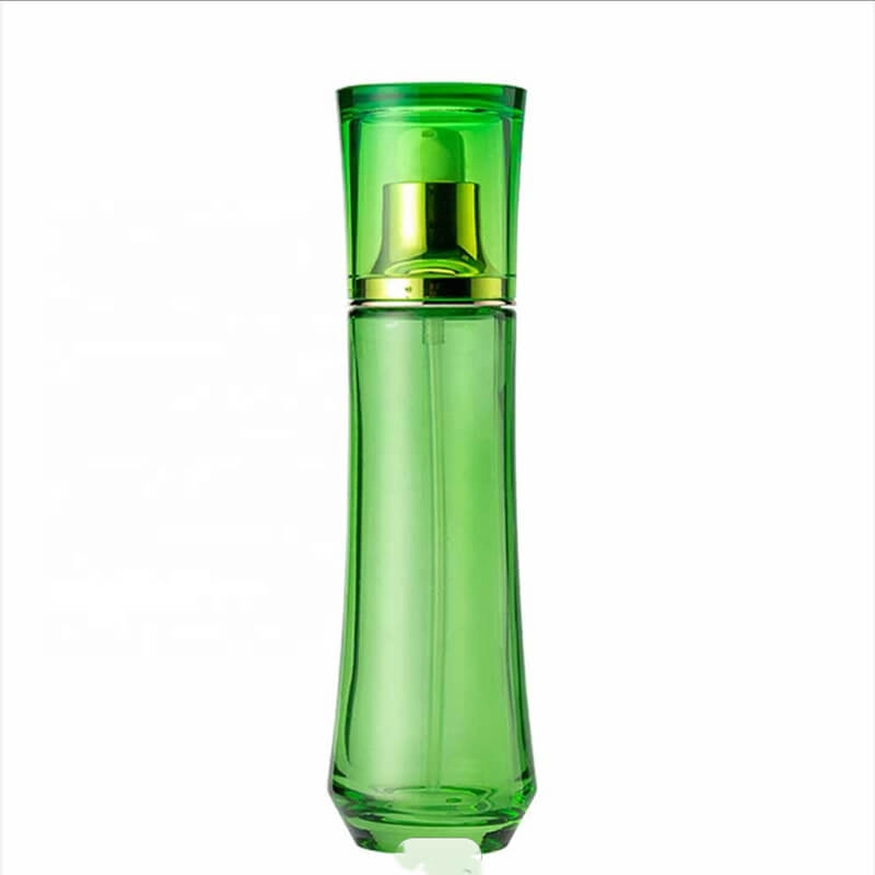 Glossy green skincare product in glass bottle