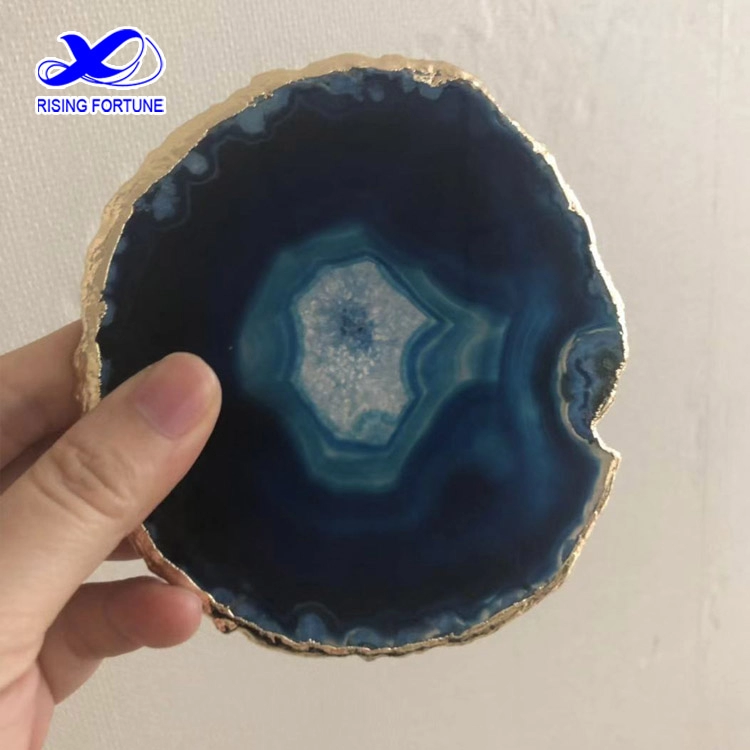 Blue agate slice coaster natural with gold trim