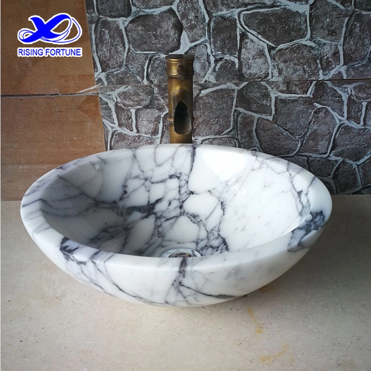 Italian arabescato white marble bathroom round vessel sink