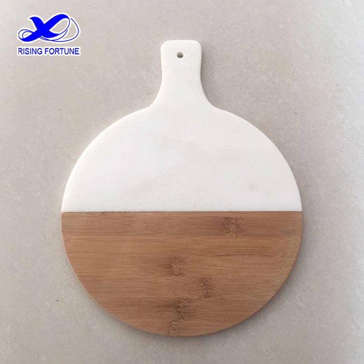 Marble and acacia wood round cutting board with handle