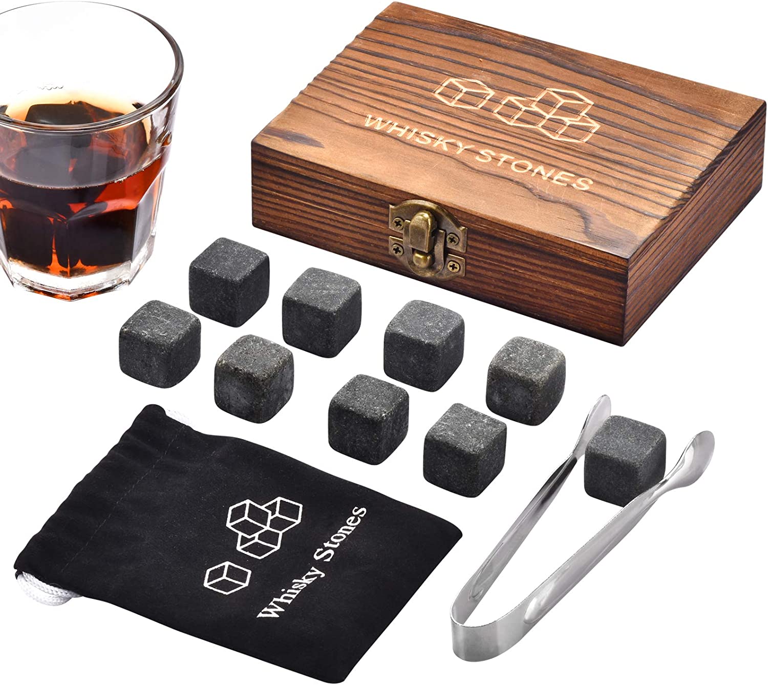 wine glasses whiskey stone gift set in wooden box