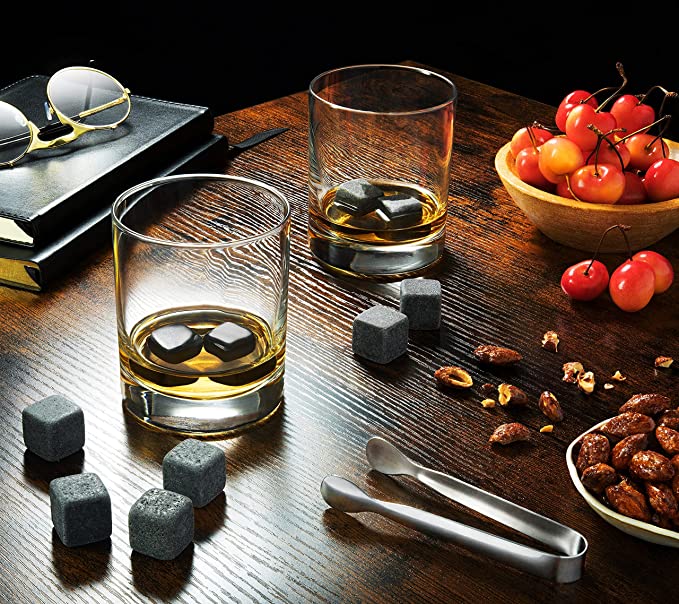 whiskey glass and stones set with wooden box