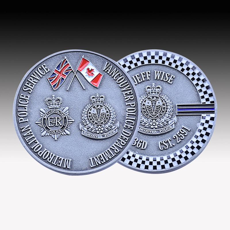 Custom UK and Canada police soft enamel antique silver challenge coin