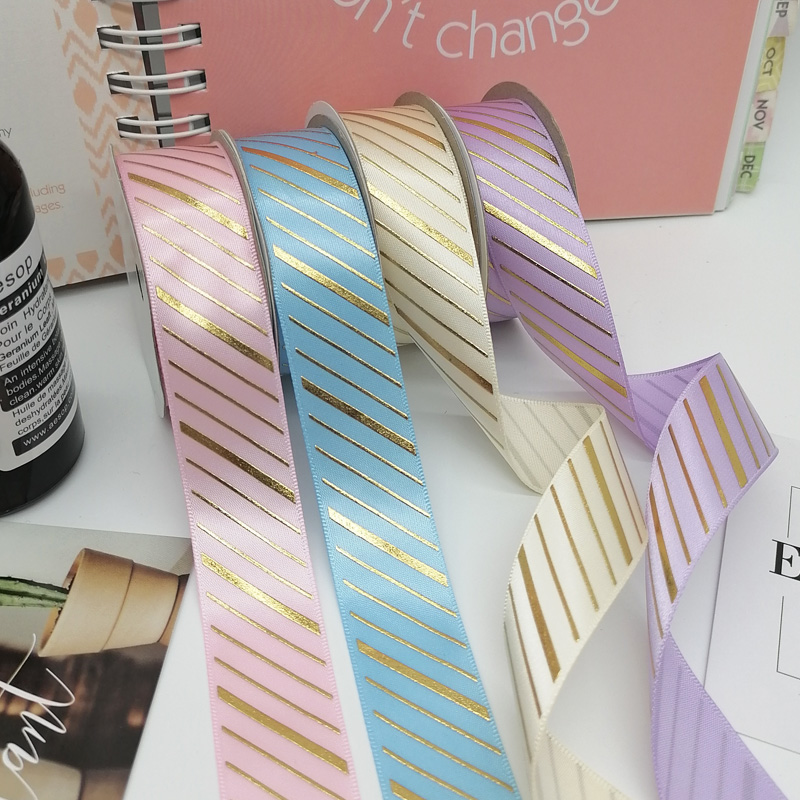 Gold foil stripes printed satin ribbon