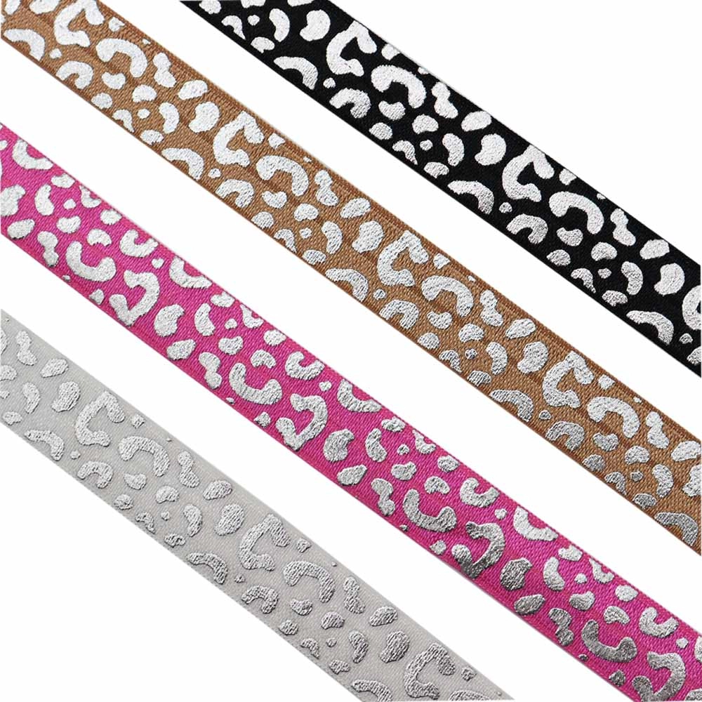 15mm silver Leopard printed fold over elastic ribbon