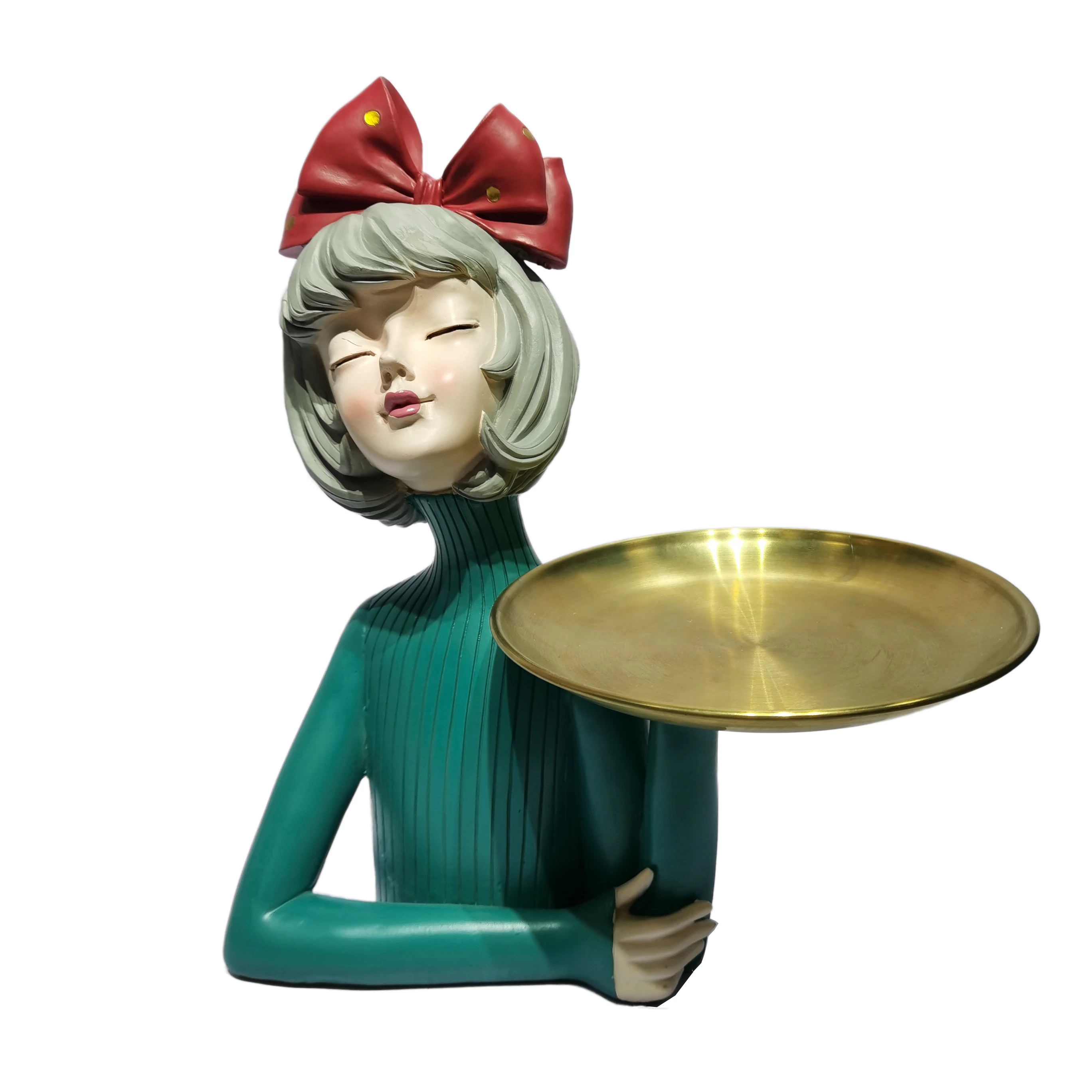 Polyresin Sculpture Crafts Suppiler Customized Bubble Girl Figurines with Gold Key Tray