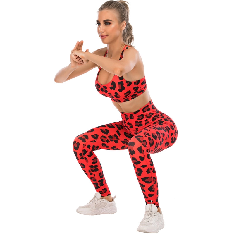 Women Red Leopard Print Yoga Set