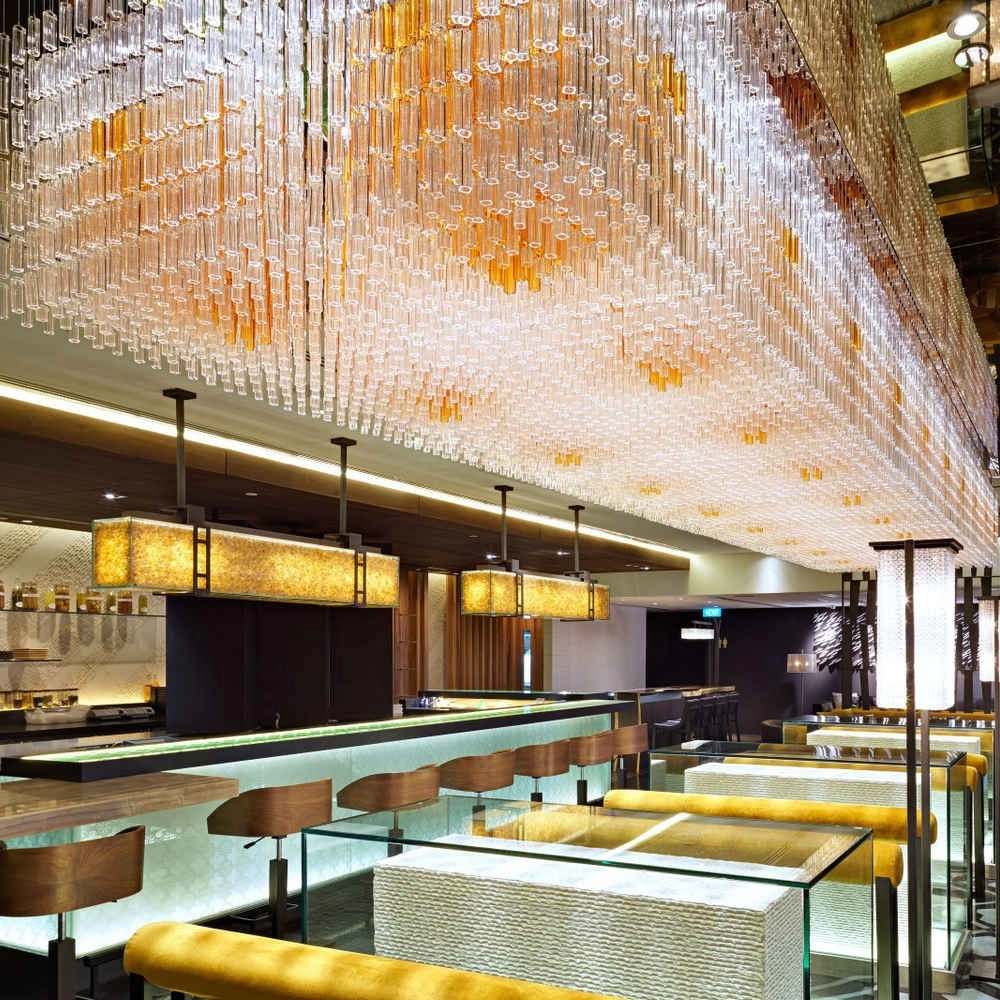 Large Amber glass tube chandelier for hotel lobby
