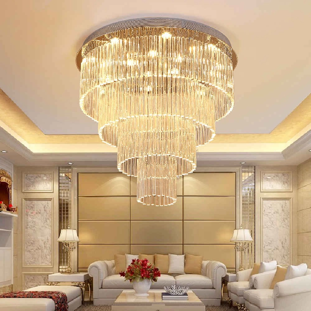 Long crystal rods mounted silver round crystal chandelier