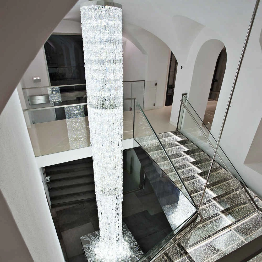 Long ice clomun luxury crystal chandelier for open staircase