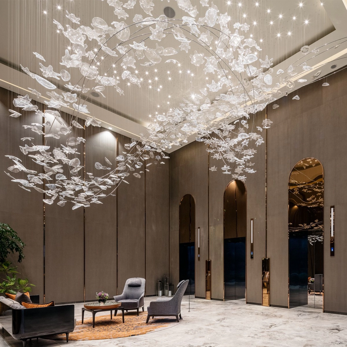 Glass leaves chandelier for large lobby
