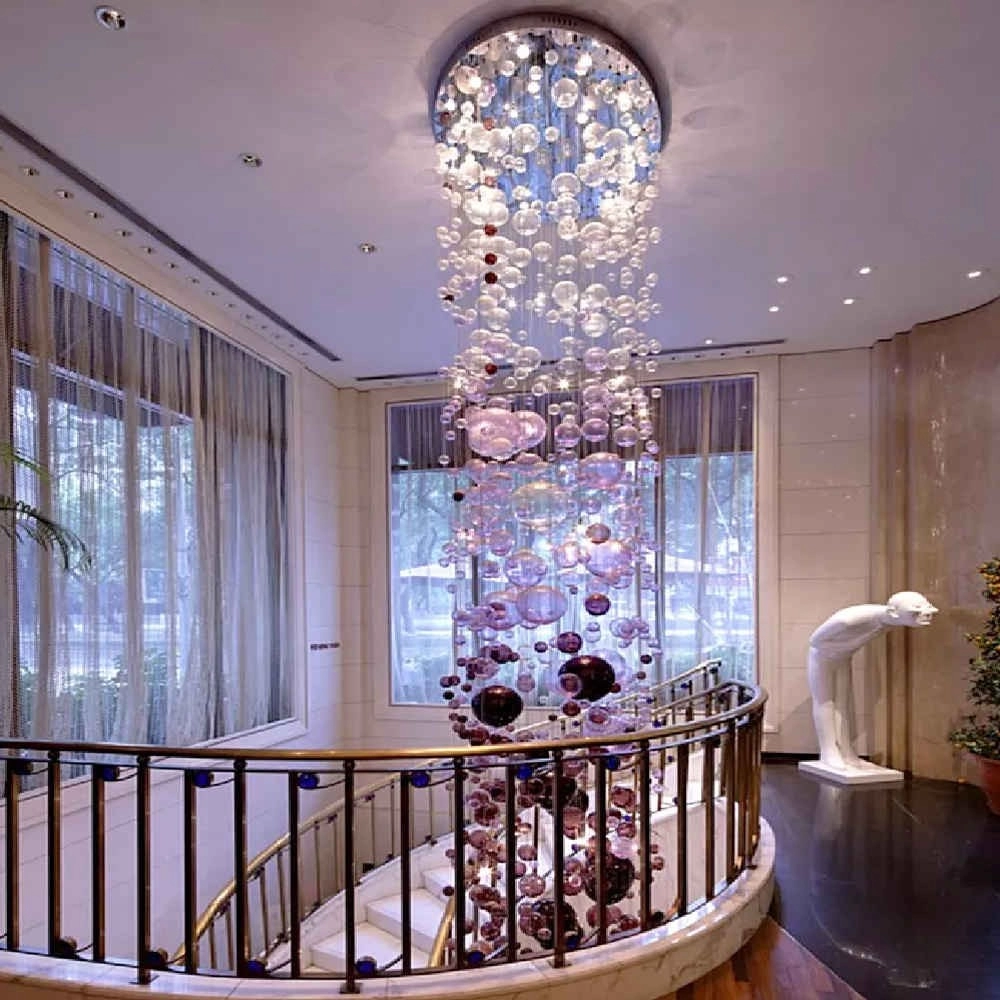 Long glass bubble chandelier for staircase