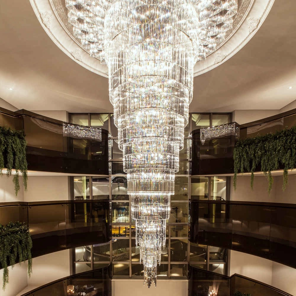 Modern large crystal drop chandelier for very high ceilings
