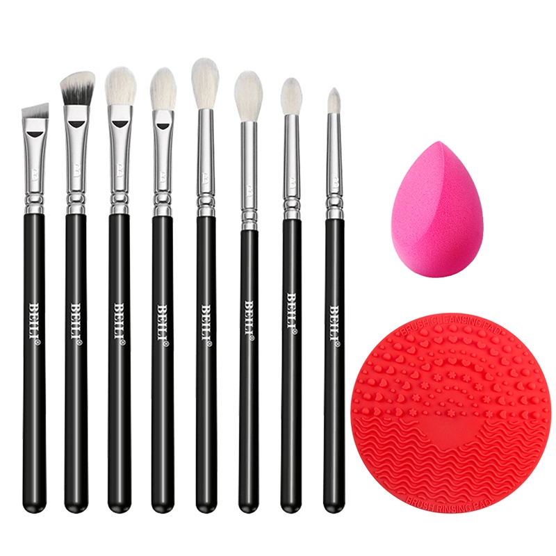 Black 8pcs makeup brush set with sopnge and Scrubbing pad