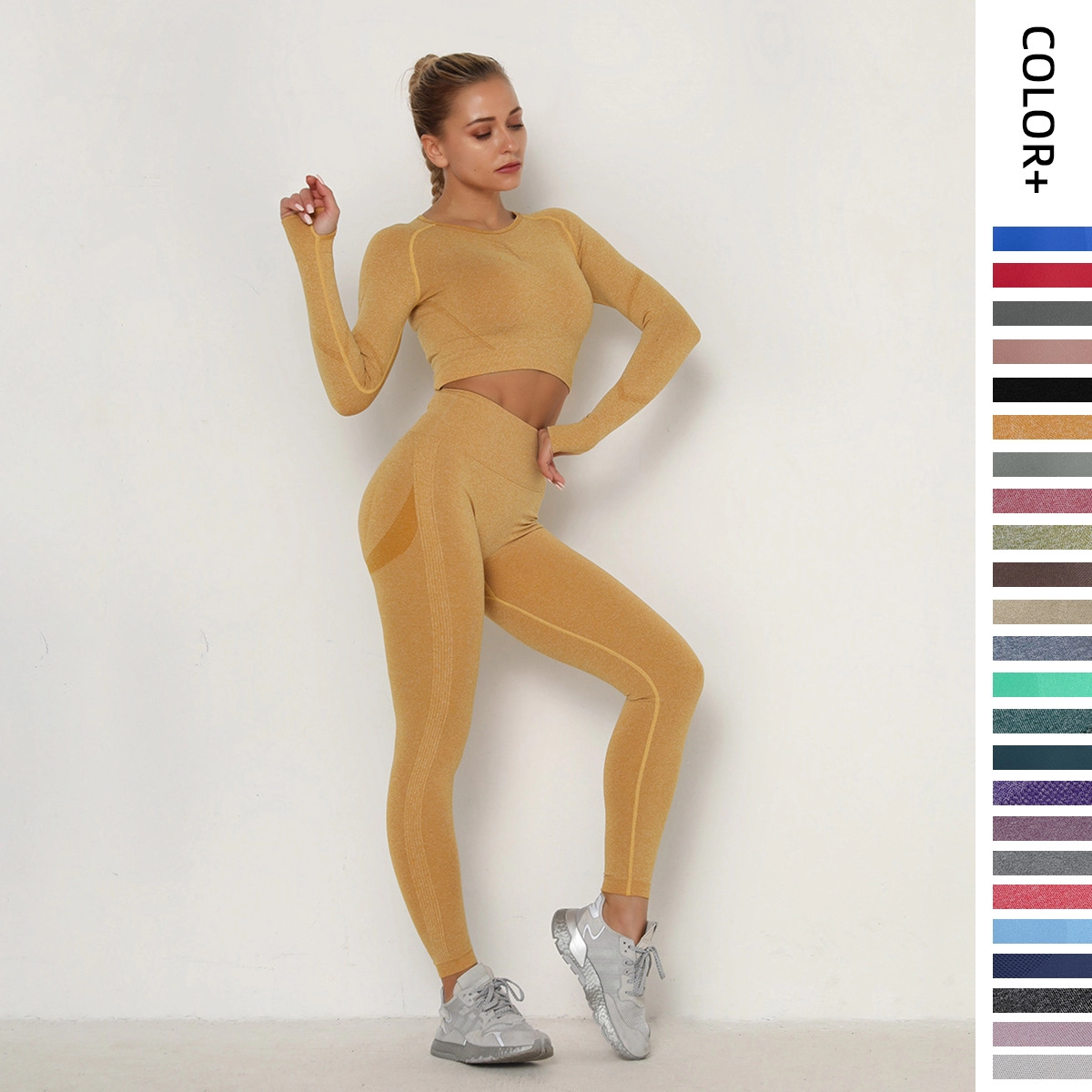European and American Pleated Seamless Yoga Suit Women's High Waist Slim Tight Sports Long Sleeve Fitness Yoga Pants Two piece Set