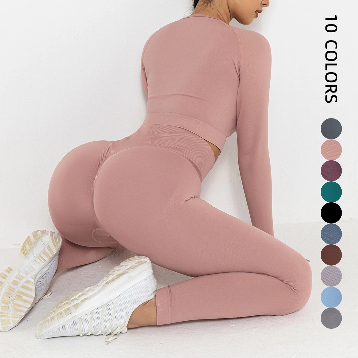 Custom Logo Tight Hip Leggings Long Sleeve Yoga Top 2 Piece Seamless Women's Training Set