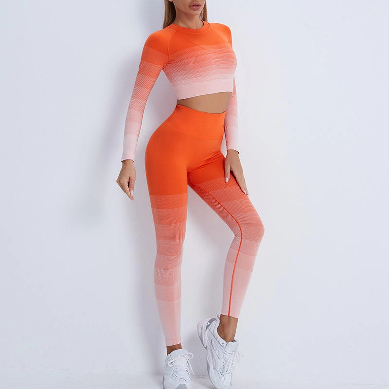 2022 Yoga Wear Gradient Long Sleeve Crop Top Woman Yoga Pants Suit Fitness Sportswear Two Piece Yoga Set