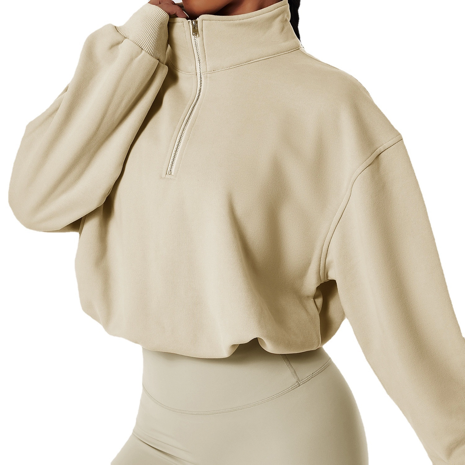 Pullover high-neck fitness sports sweater women's outdoor running drawstring zipper loose long sleeved sweatshirt