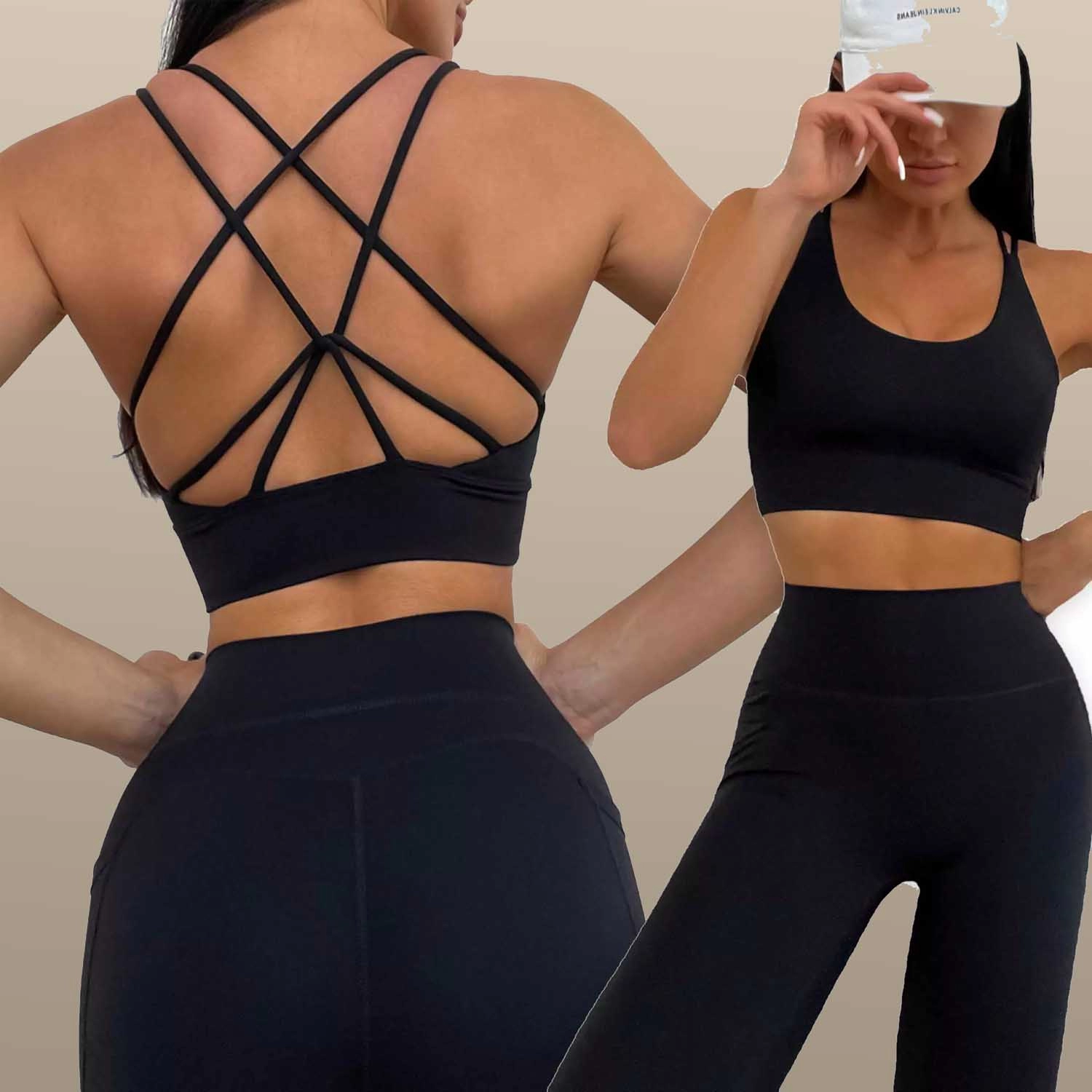 Sexy Backless Cross Strap Camisole Fitness Vest High Waist Hip Lift Leggings Yoga Pilates Sports Suit For Women