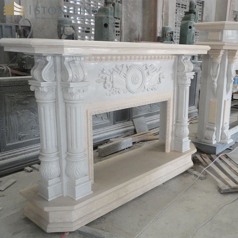 White and beige marble fireplace
