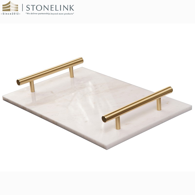 Brass handle flat rectangular white marble tray