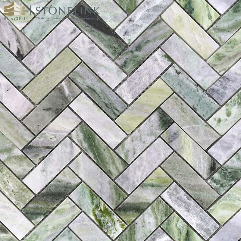 Raggio Verde modern herringbone marble mosaic