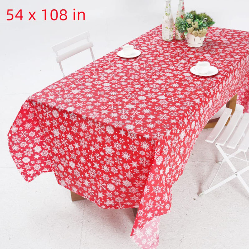 Disposable Red Plastic Christmas Tablecloth with White Snowflakes